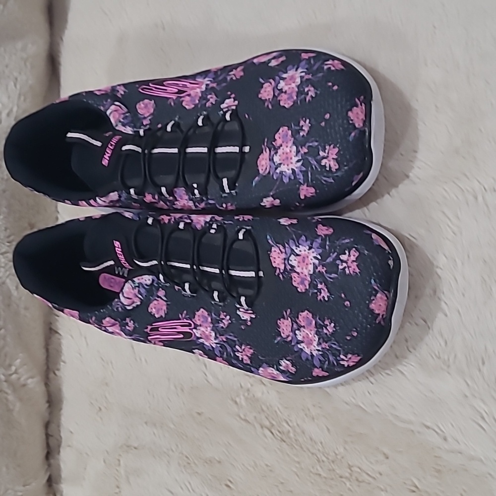 Skechers Women's Black and Pink Floral Sneakers - Picture 2 of 6